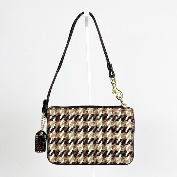 Coach Wool Leather Houndstooth Fall Autumn Warm Small Mini Zip Wristlet - Picture 1 of 16